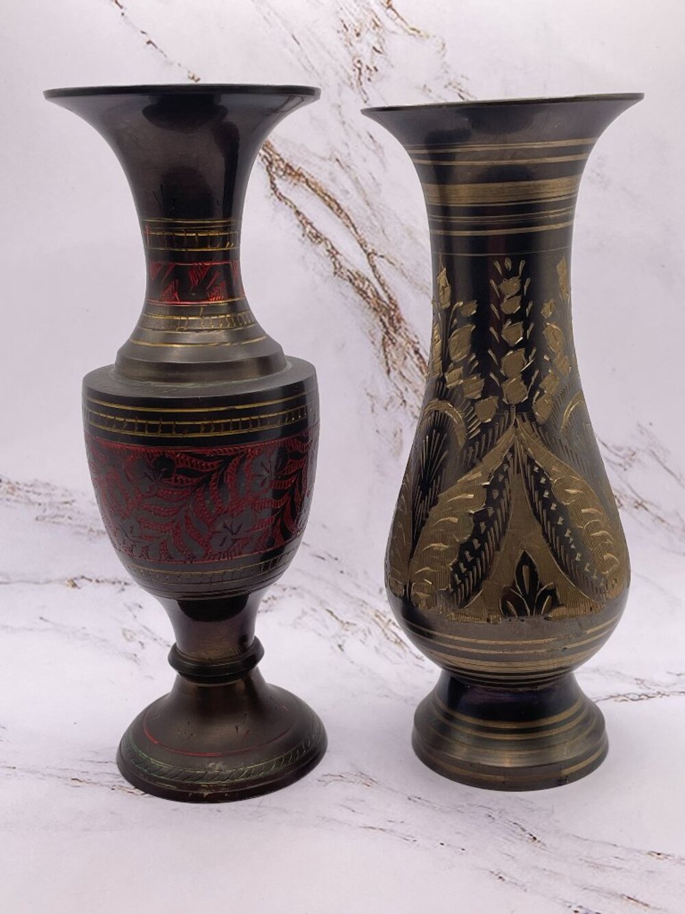 Vintage Etched Brass Vases Pair Matching Small Trumpet Floral Inlay Shelf
